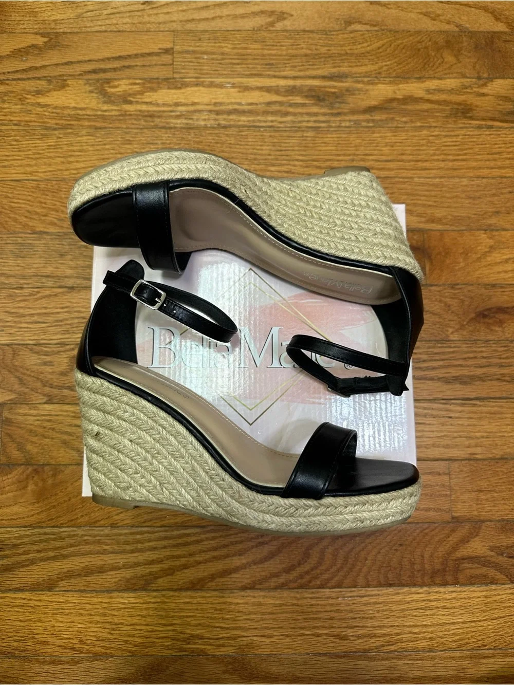 Bella Marie Black Espadrille Wedges with Ankle Strap